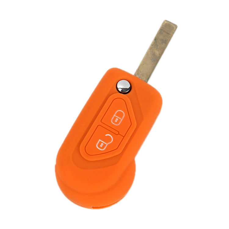 Orange silicone car key fob protector with lock/unlock cutouts and metal key ring.