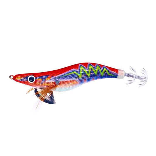 Red multi-color wooden shrimp lure with curled tentacles and clear skirt