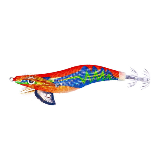 Orange multi-color wooden shrimp lure with large head fin and clear skirt