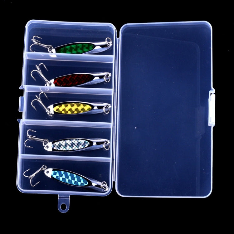 Fishing lure case showing five metallic sequin spoon lures with treble hooks