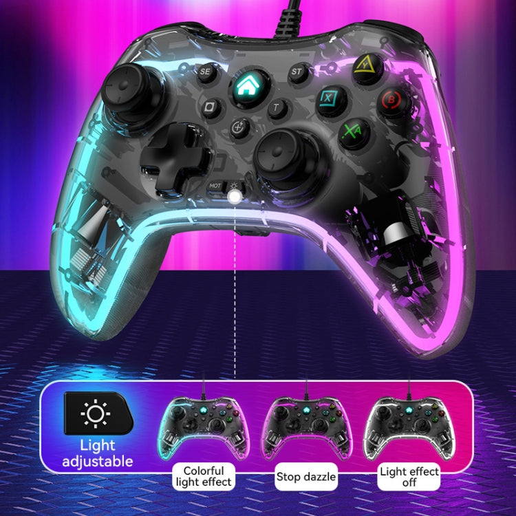 Wired transparent gamepad close view with black controls and purple-blue illuminated buttons