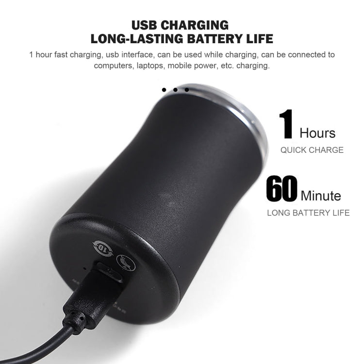 Black mini electric shaver connected to USB charging cable, compact handheld body.