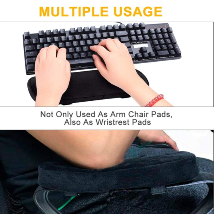 Black padded armrest cushion used as an arm pad; hands placing it on an arm.