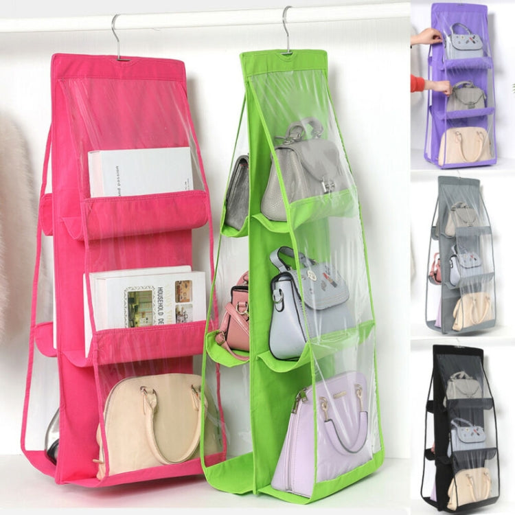 Pink, green, and purple hanging organizers with six clear pockets and top hooks