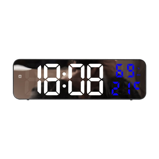 Mirror screen LED alarm clock with white time digits and blue temperature/humidity display, black case.