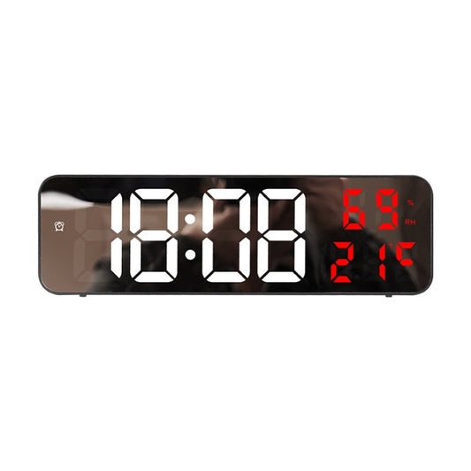 Mirror screen LED alarm clock with white time digits and red temperature/humidity display, black case.