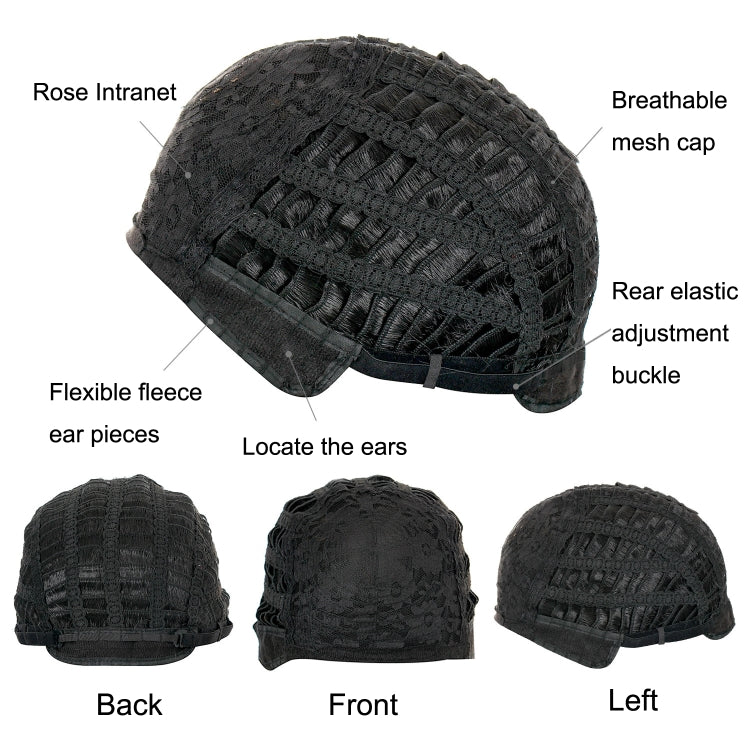 Black breathable mesh wig cap with flexible fleece, ear openings, and adjustable rear elastic