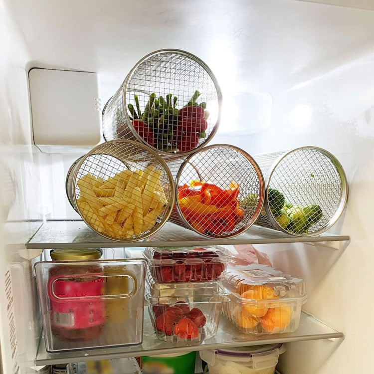 Stainless steel mesh BBQ cage cylinders with hooks, used to store produce in fridge