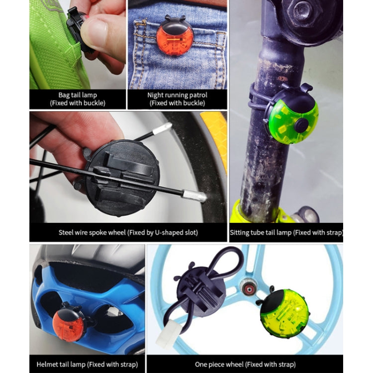Wheel light shown fixed to bike, helmet, and clothing with strap and clip