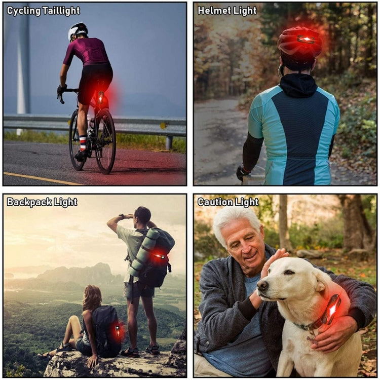 Red warning tail light shown on bicycle, helmet, backpack, and pet collar