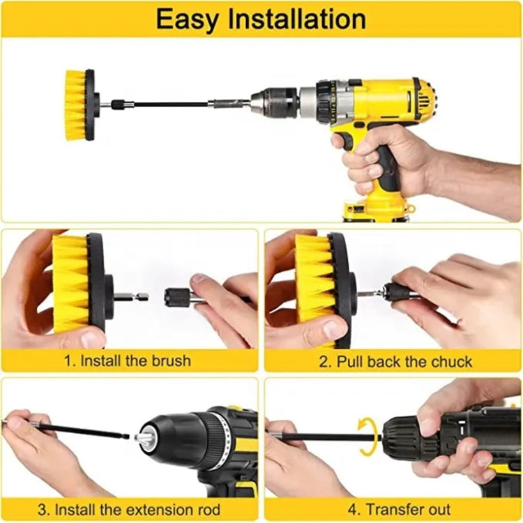 Electric drill installation of a yellow bristle brush head with extension rod and chuck