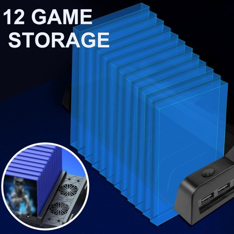 Blue game storage stack with black console cooling stand and charging ports