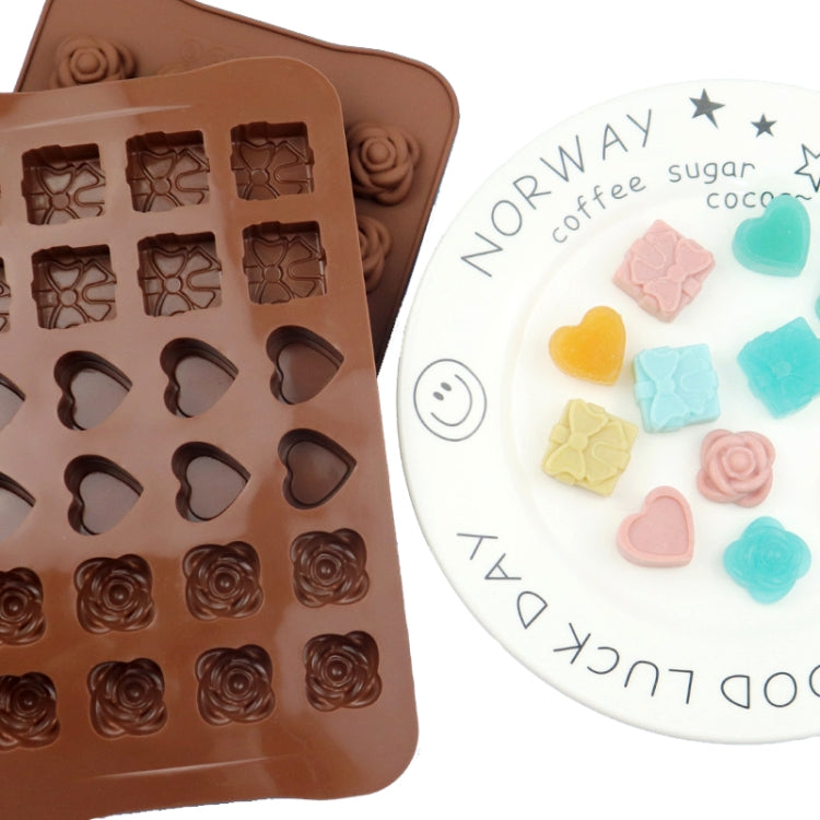 Silicone chocolate mold, gift-box style tray with heart and rose-shaped cavities