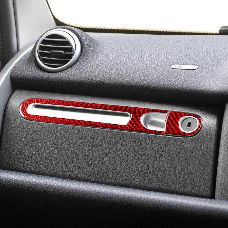 Glove box handle trim sticker set with red carbon fiber strip and chrome lock surround