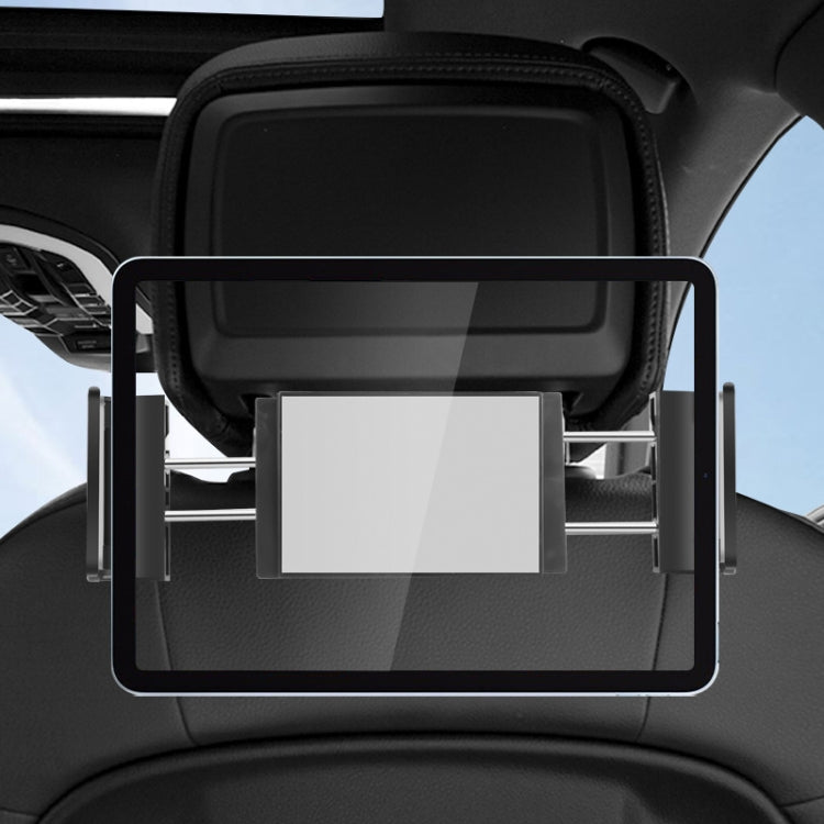 Black car back seat tablet holder with headrest-mounted rectangular cradle