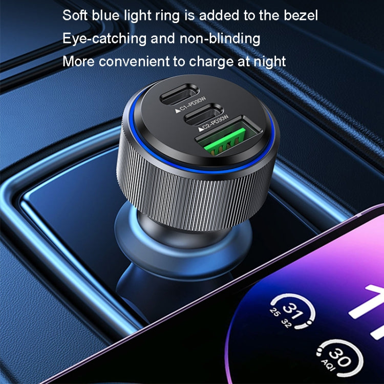 Car USB fast charger with dual ports and blue LED light ring on aluminum body