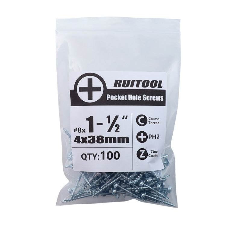 RUITOOL pocket hole screws bag, zinc coated, PH2, #8 x 1-1/2 in, 100 pcs