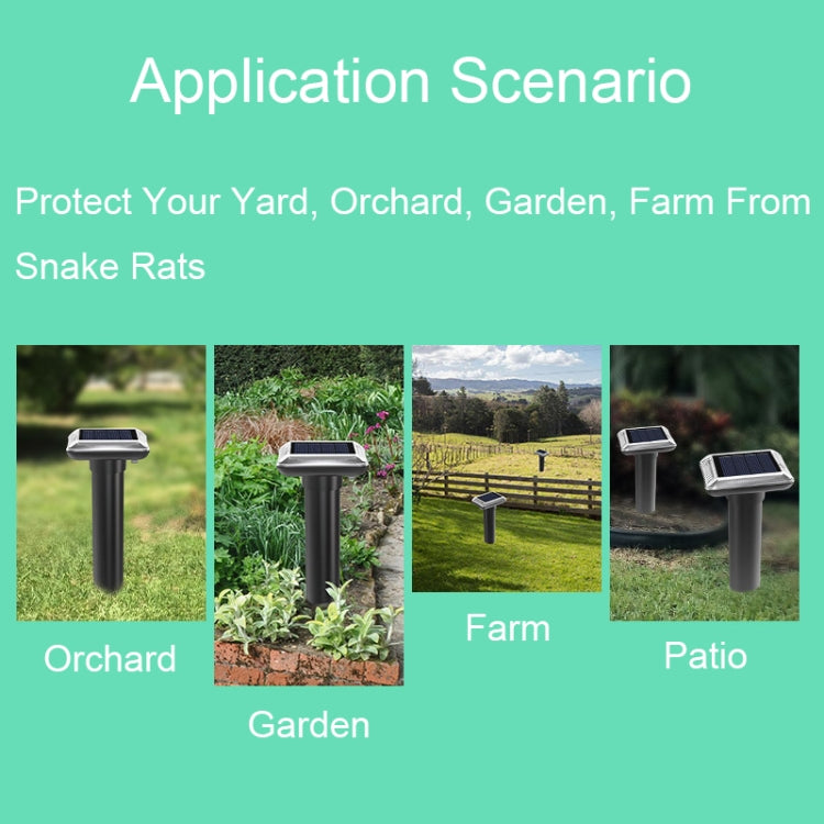 Outdoor solar ultrasonic rat repeller stake on grass, dark housing with small solar panel