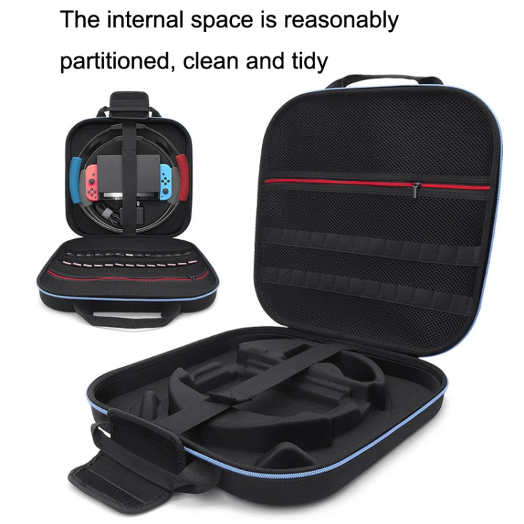 Black EVA hard case with partitioned interior compartments and attached carry strap