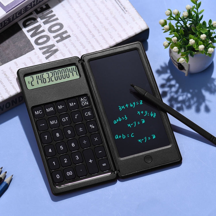 Foldable LCD writing calculator with keypad and LCD writing screen, plus stylus pen.