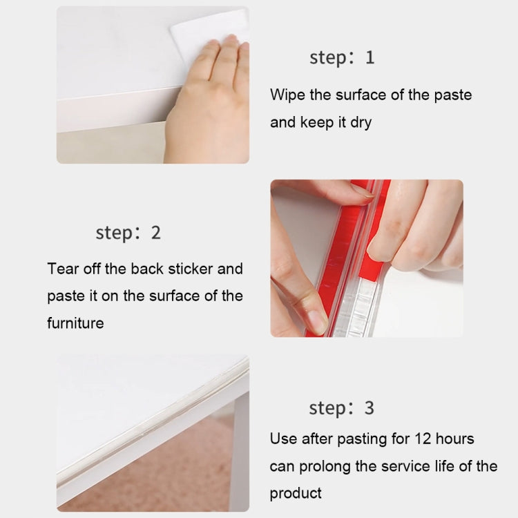 Transparent furniture edge protector strip installation using peel-and-stick backing