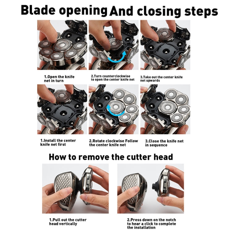 Multifunctional USB shaver head with open blades and cutter removal steps