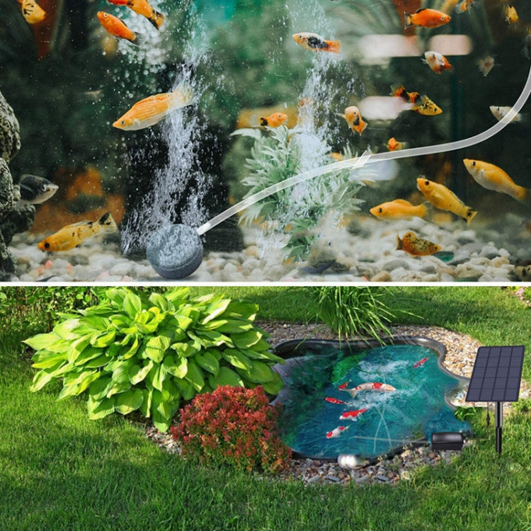 Solar pond aeration pump with solar panel and air stone producing bubbles for fish