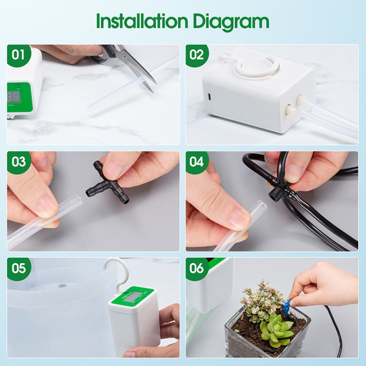 Installation steps for an automatic drip irrigation timer with connected hose