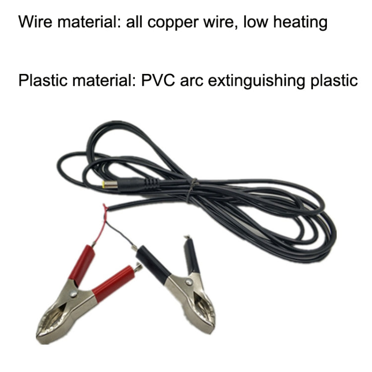 DC battery cable with black cord, red alligator clamps, and insulated plug leads
