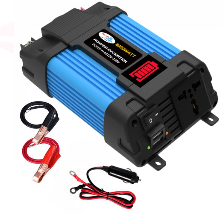 Vehicle power inverter angled view, blue core and black heatsink-style body with status LEDs