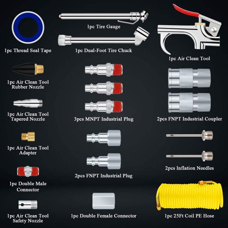 Air compressor kit accessories: tire gauge, inflator needles, hoses, threaded plugs, and couplers