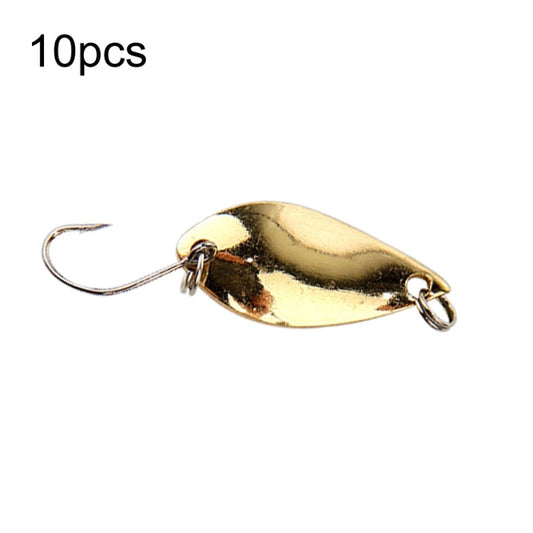 Gold spoon fishing lure with single hook, split rings, reflective finish, 10 pack