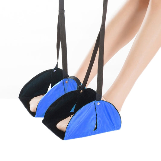 Black and blue split travel foot rest hammock with two straps and rounded padded toe panel