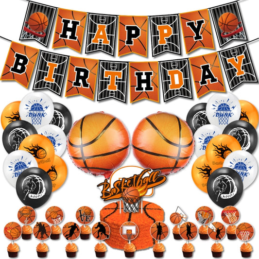 Basketball Happy Birthday party set with banner, balloon cluster, and basketball cake topper