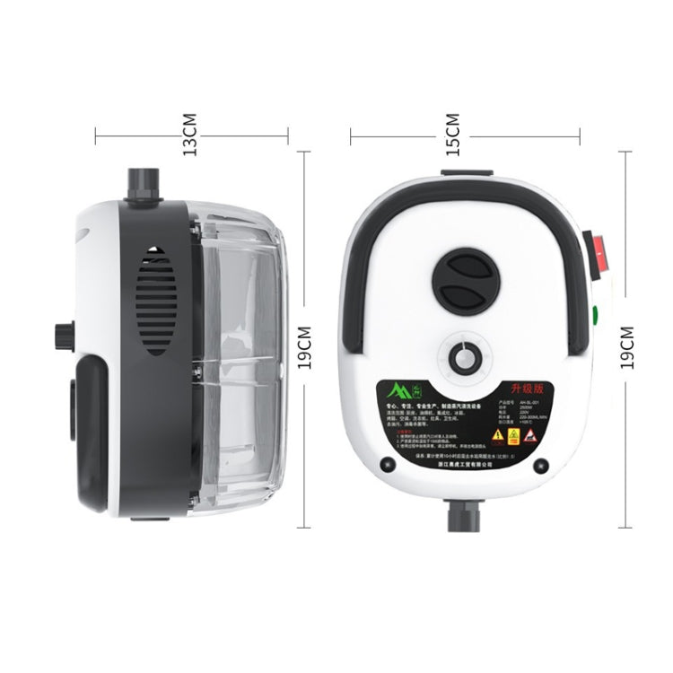 Steam cleaner with control panel and hose inlet, shown from front and side