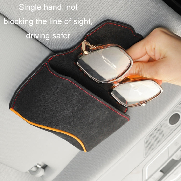 Car sun visor glasses case holding two frames, black felt with red stitching and orange edge