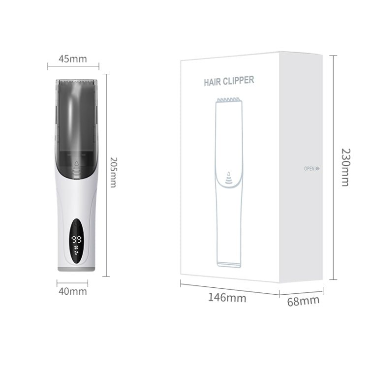 Electric hair clipper with labeled dimensions, white and gray body