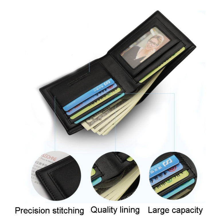 Men's short wallet open, black card holder with stacked cards and ID window