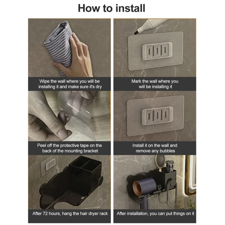 Wall-mounted hair dryer holder installation bracket and shelf, with accessory hooks
