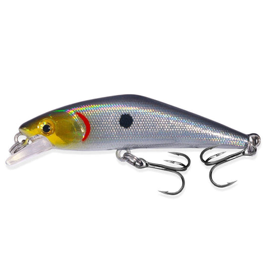 Fishing minnow lure, silver with gold head, red gill mark, treble hooks