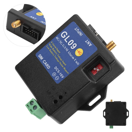 Black 4G GSM alarm unit with SIM card slot, green terminal, and antenna mount
