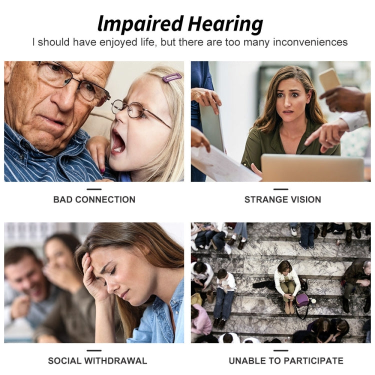 Hearing aid users shown with impaired hearing symptoms in four scenes