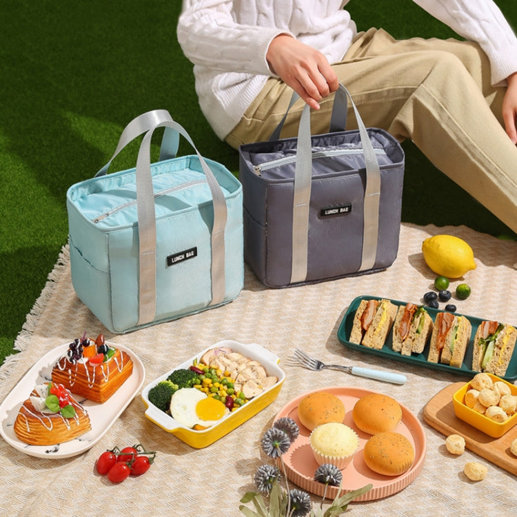 Insulated lunch bag cooler, light blue with silver straps and top zipper
