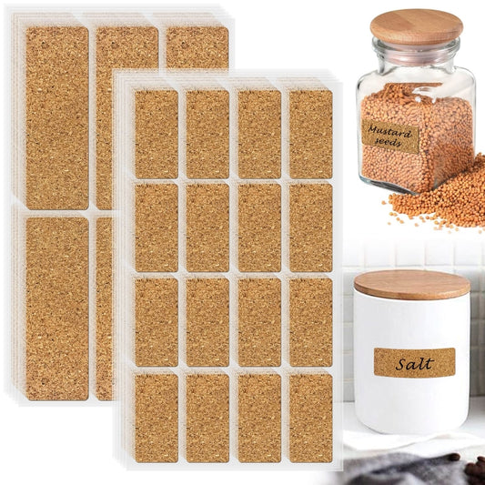 Cork label stickers with adhesive backing beside glass spice jar labels and container