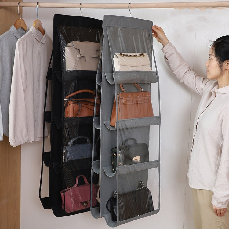 Two hanging storage organizer bags on closet: gray and black, clear multi-pocket design