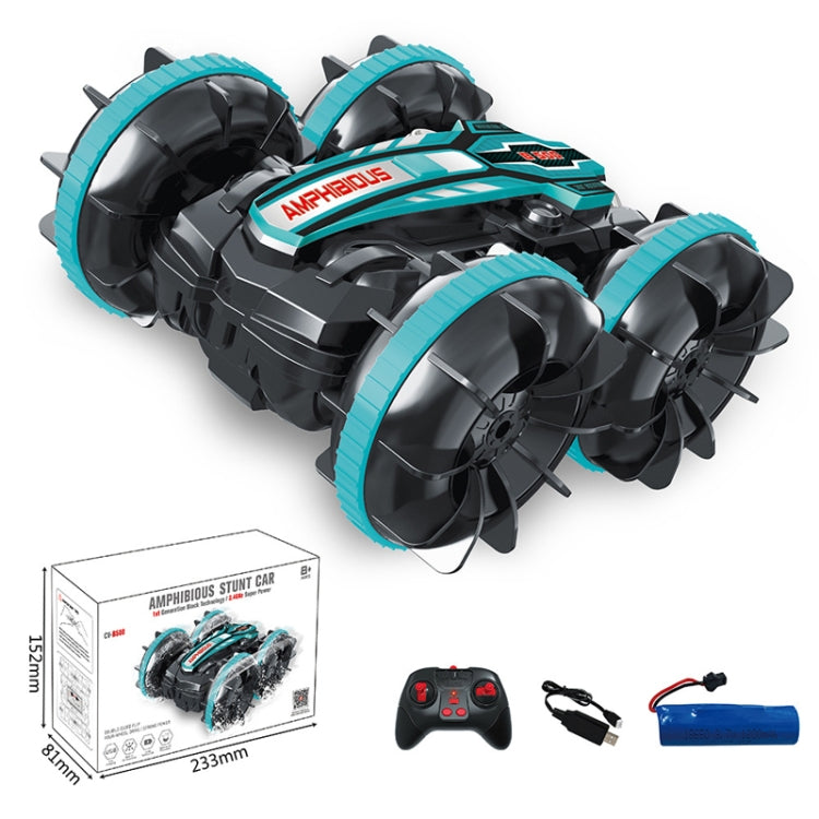 Amphibious stunt RC car with teal paddle tires, black body, plus remote controller