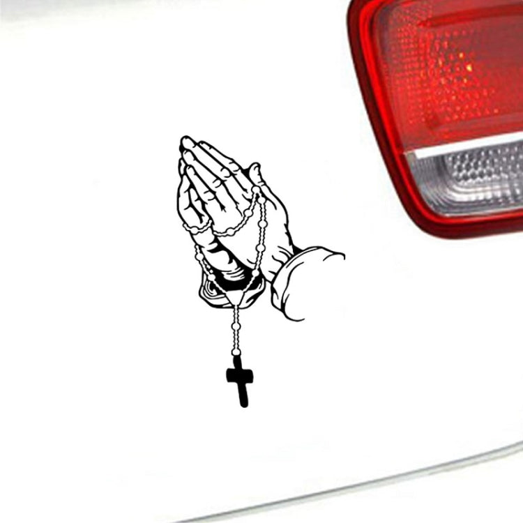 Praying hands car sticker with rosary beads and cross, black outline