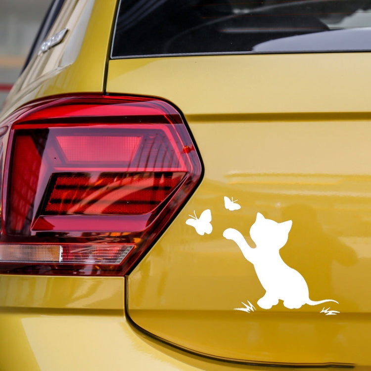Cat reflective body sticker on car, white cat silhouette on yellow trunk