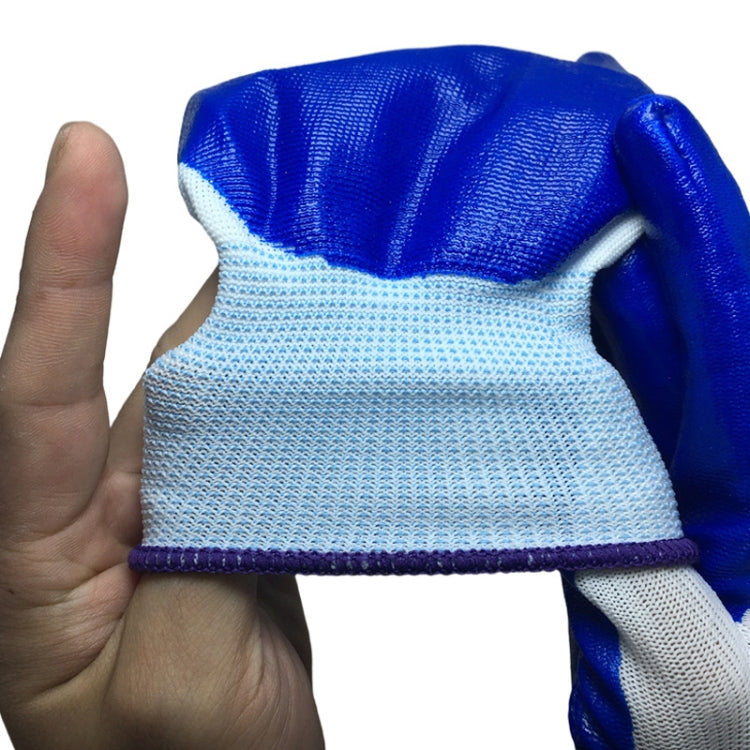 Work safety glove cuff detail: white knit band with blue rubberized palm