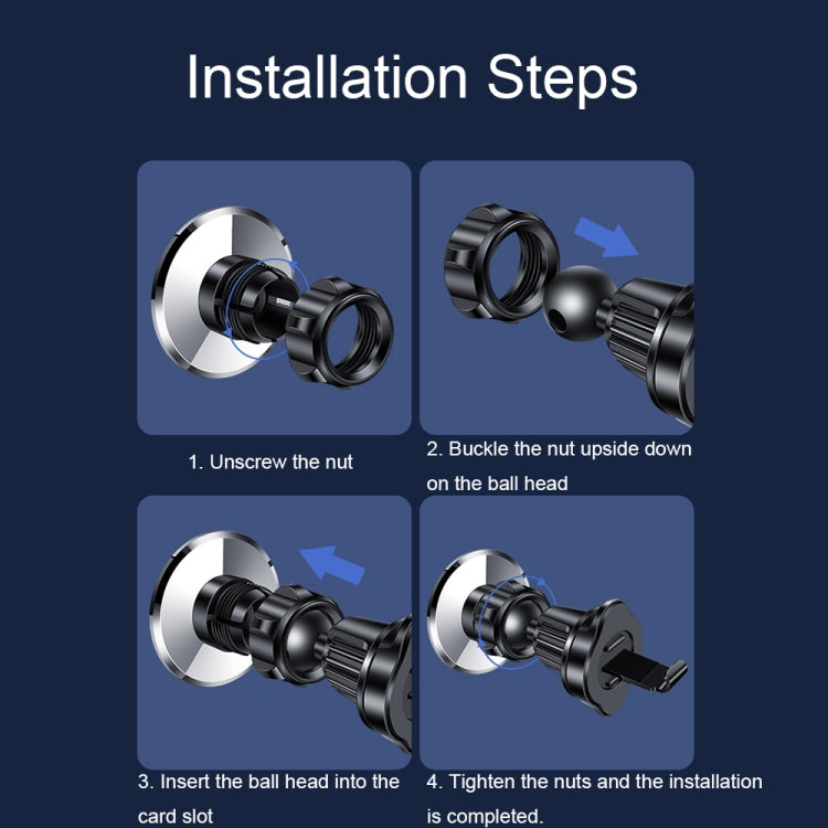 Car air vent phone holder installation diagram showing ball mount and screws, silver/black